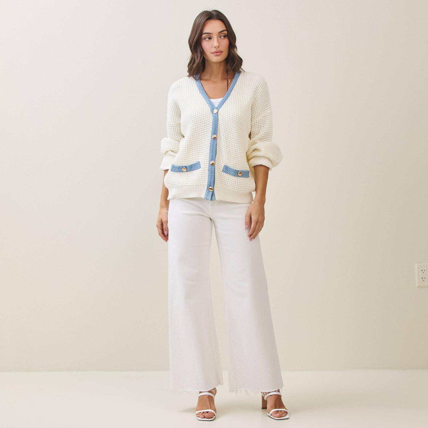 Contrast Trim Gold Button Cardigan
