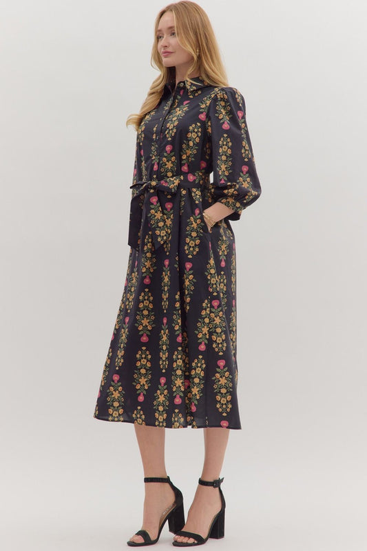 Botanical Print Tie Waist Midi Dress