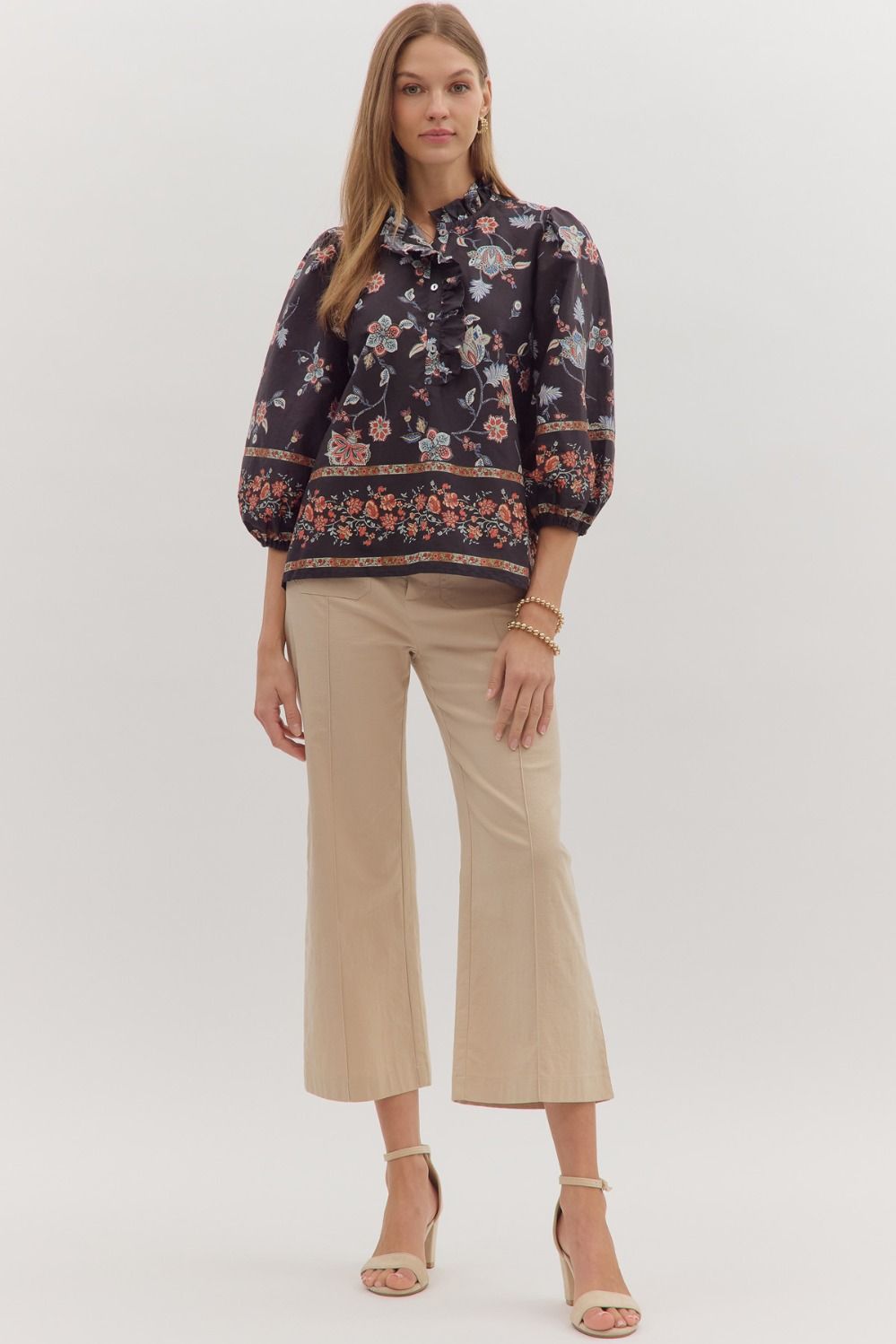 Ruffled Split Neck Floral Top