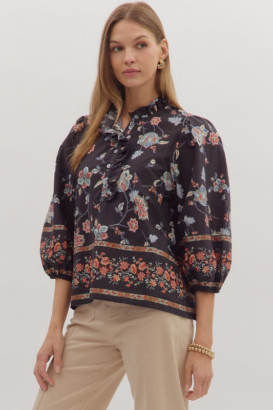 Ruffled Split Neck Floral Top