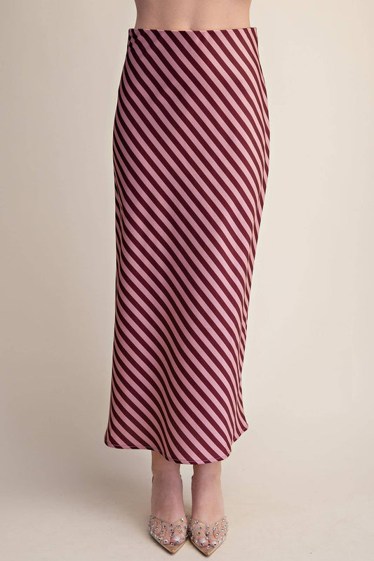 Diagonal Striped Satin Midi Skirt