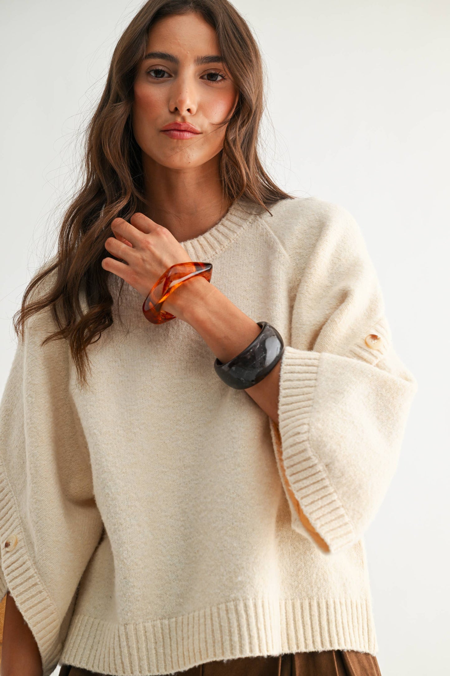 Button Wide Sleeve Knit Pullover Sweater