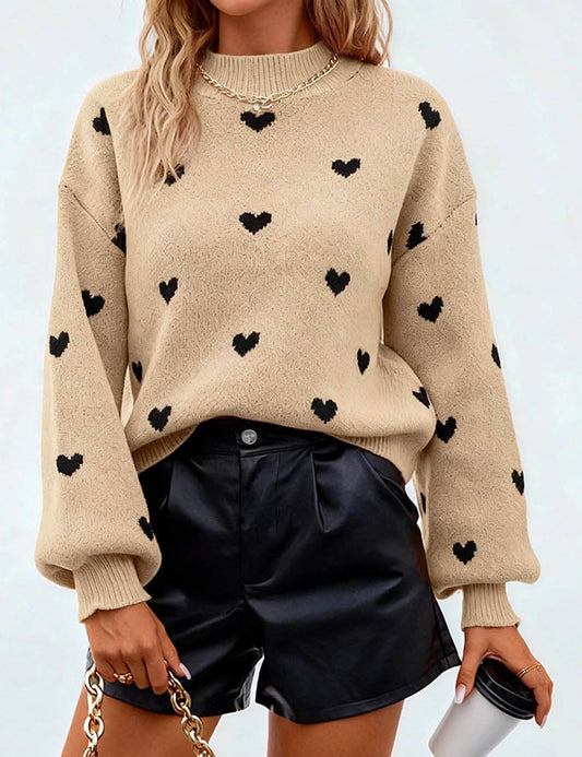 Mock Neck Puff Wrist Heart Sweater