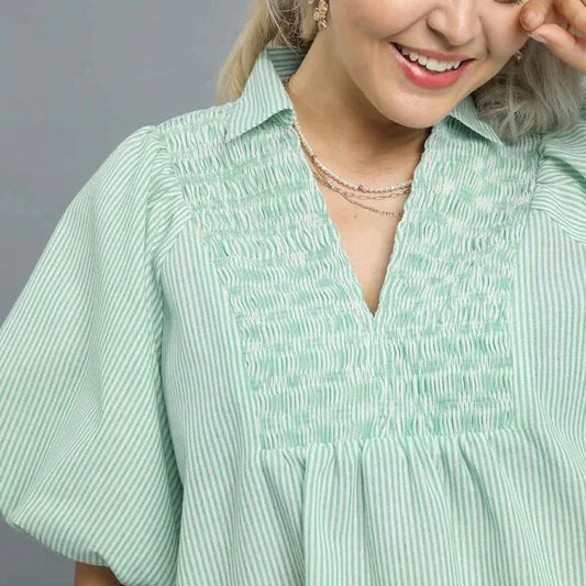 Pinstripe Green Puff Sleeve Top