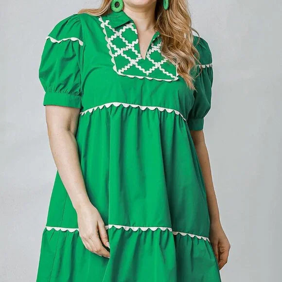 Green Puff Sleeve RicRac Dress