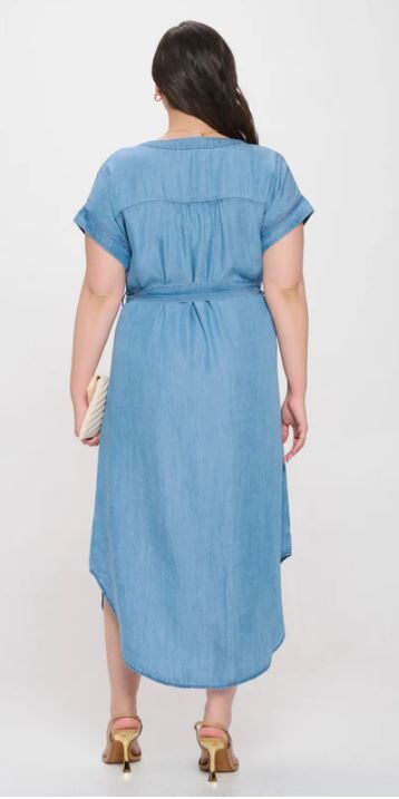 Chambray Short Sleeve Button Down Midi Dress