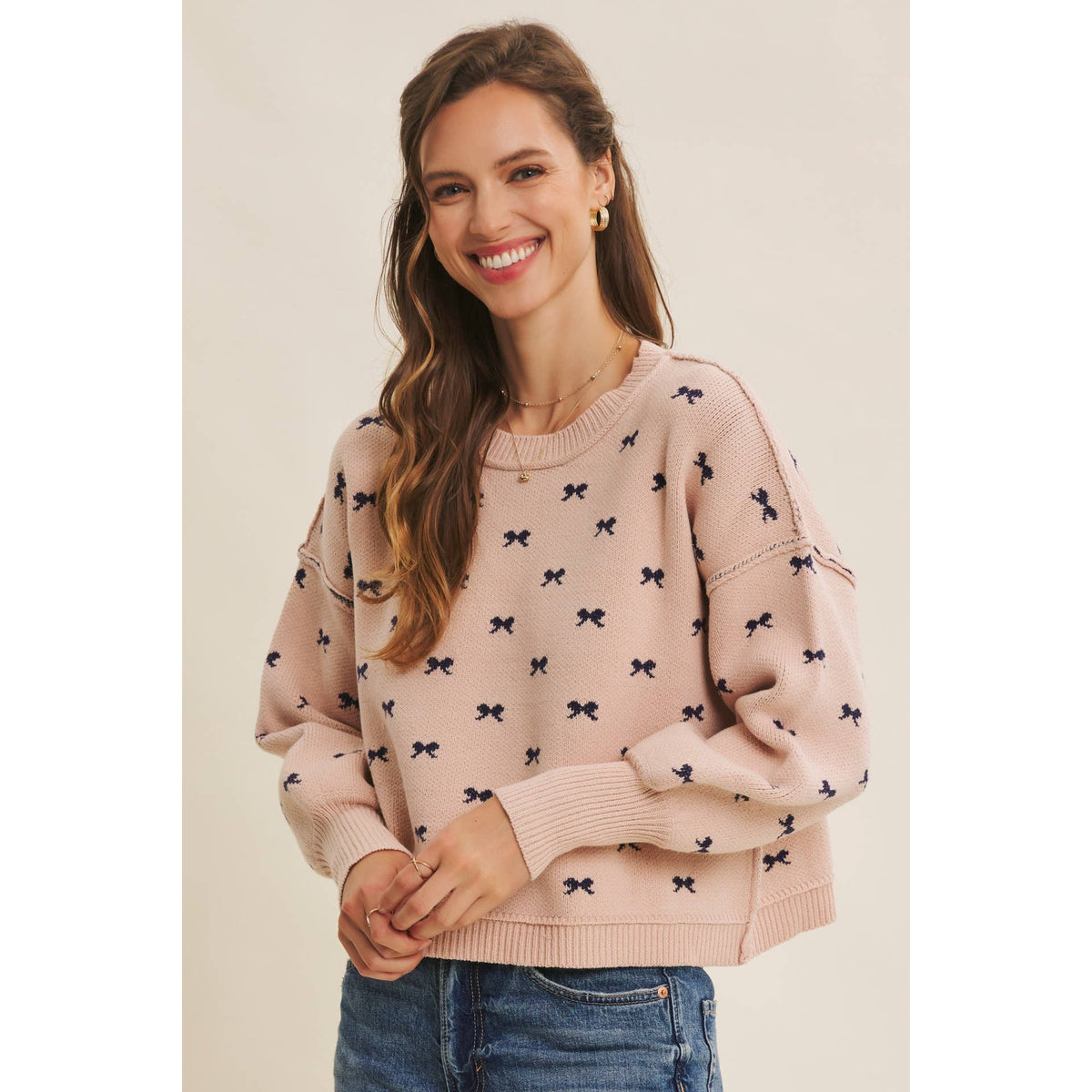 Bow Pattern Balloon Sleeve Sweater