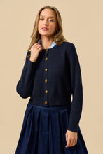 Load image into Gallery viewer, Gold Button Ruffle Neck Cardigan Sweater
