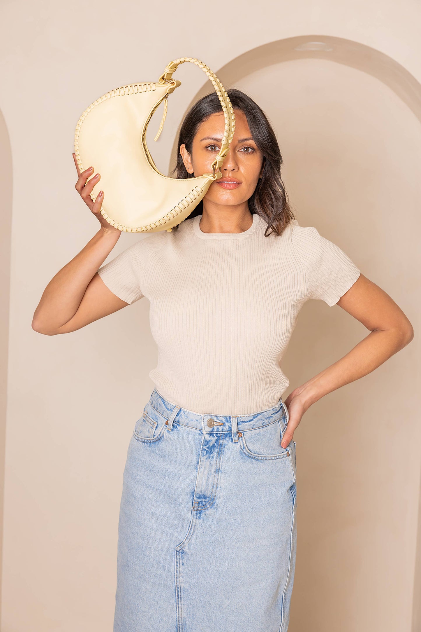 Aria Whipstitch Crescent Shoulder Bag