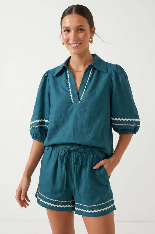 Contrast Trim Puff Sleeve Linen Blouse