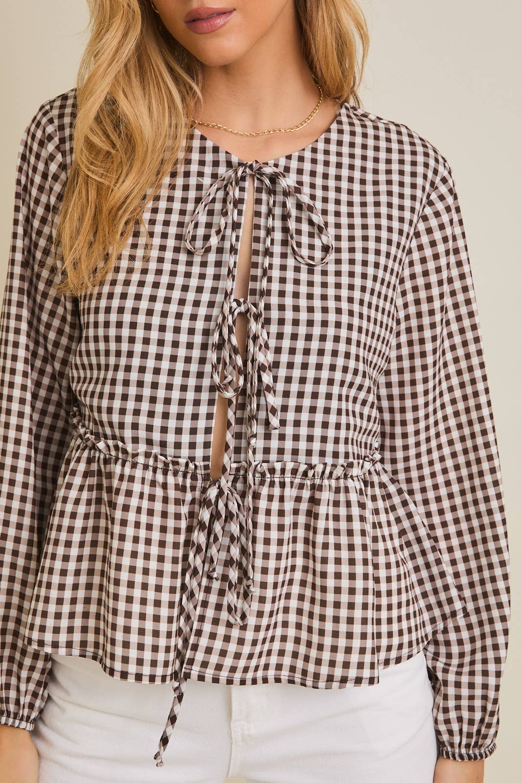 Check Print Triple Bow Front Top