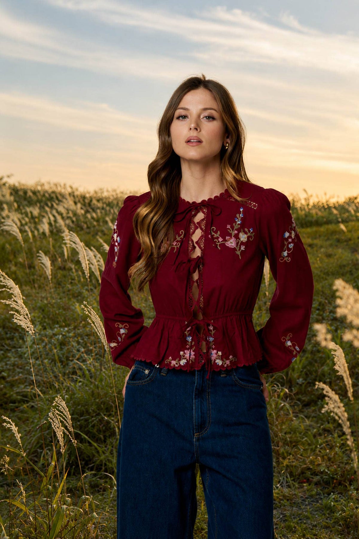 Embroidered Crochet Front Tie Top