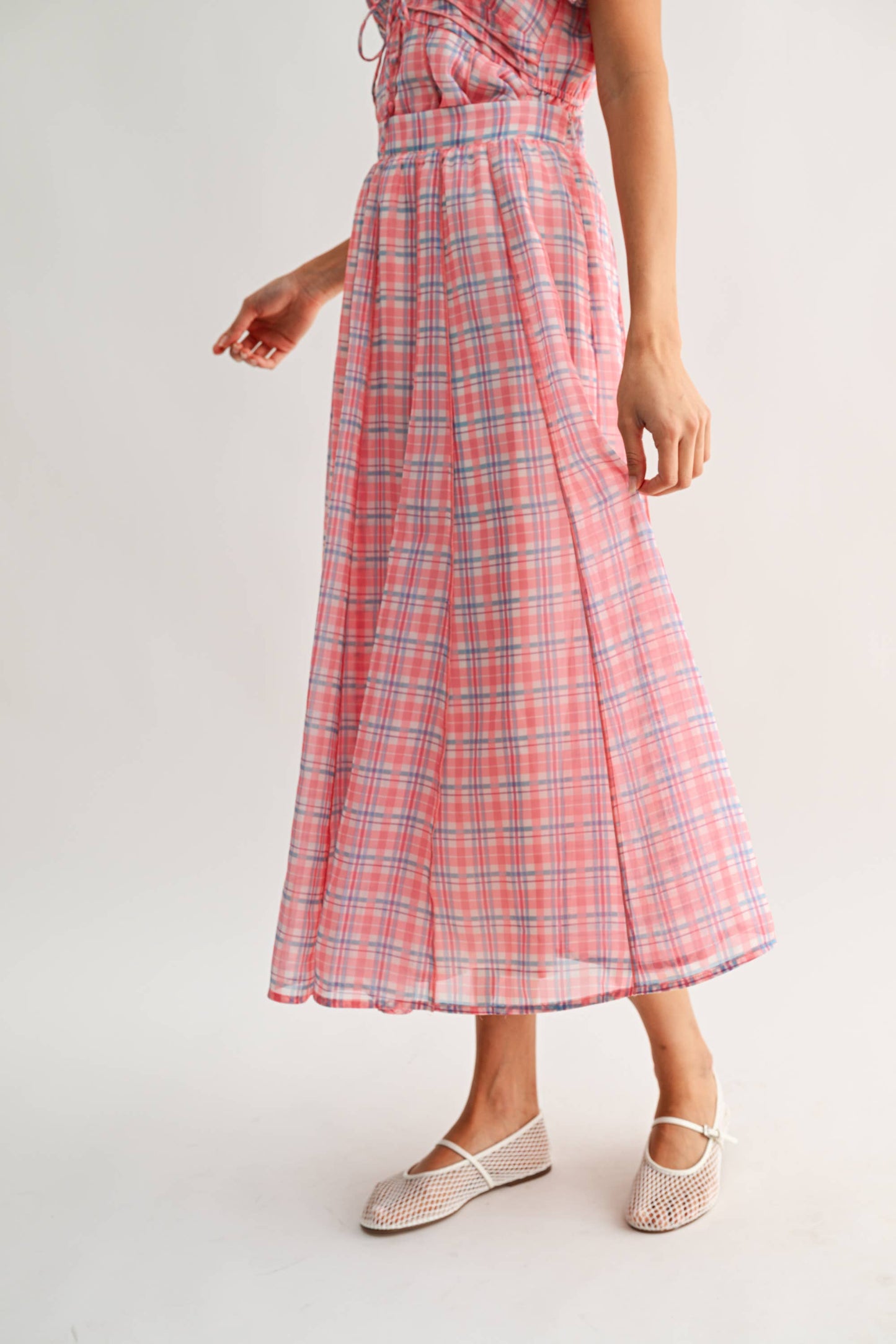 Pink Plaid Midi Skirt