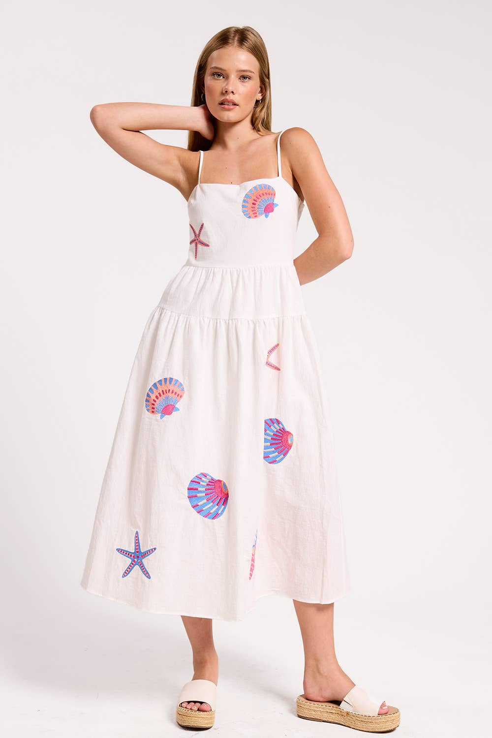 Marine Shell Embroidered Midi Dress