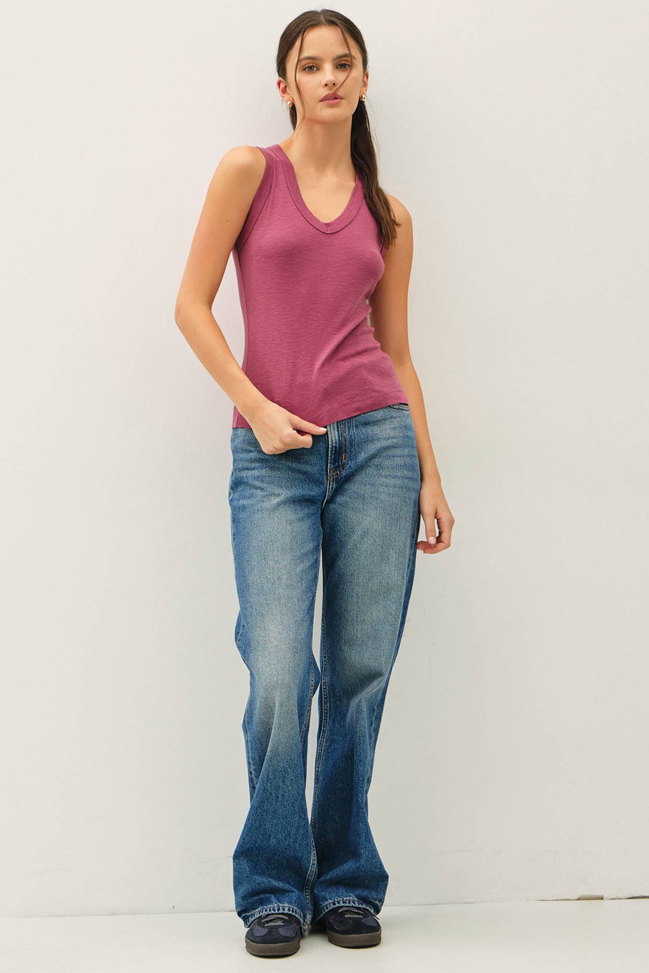 Fitted Slub Cotton V-Neck Tank Top