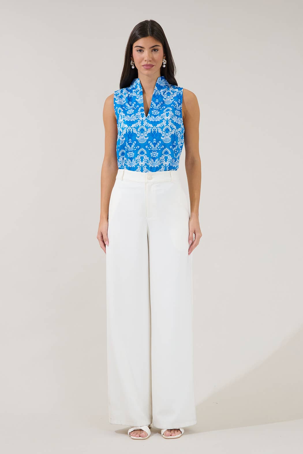 Sleeveless Floral Mock V-Neck Top