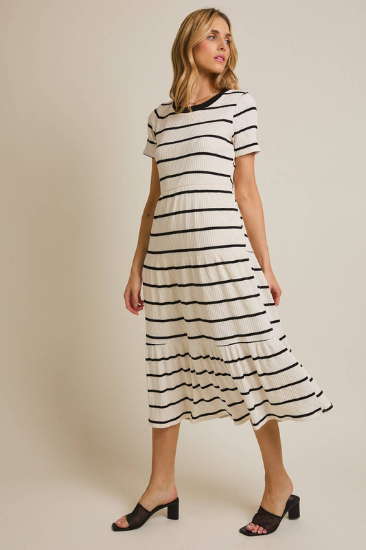 Striped Tiered Short Sleeve Midi Dress