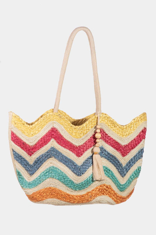Intricate Striped Jute Knit Tote Bag