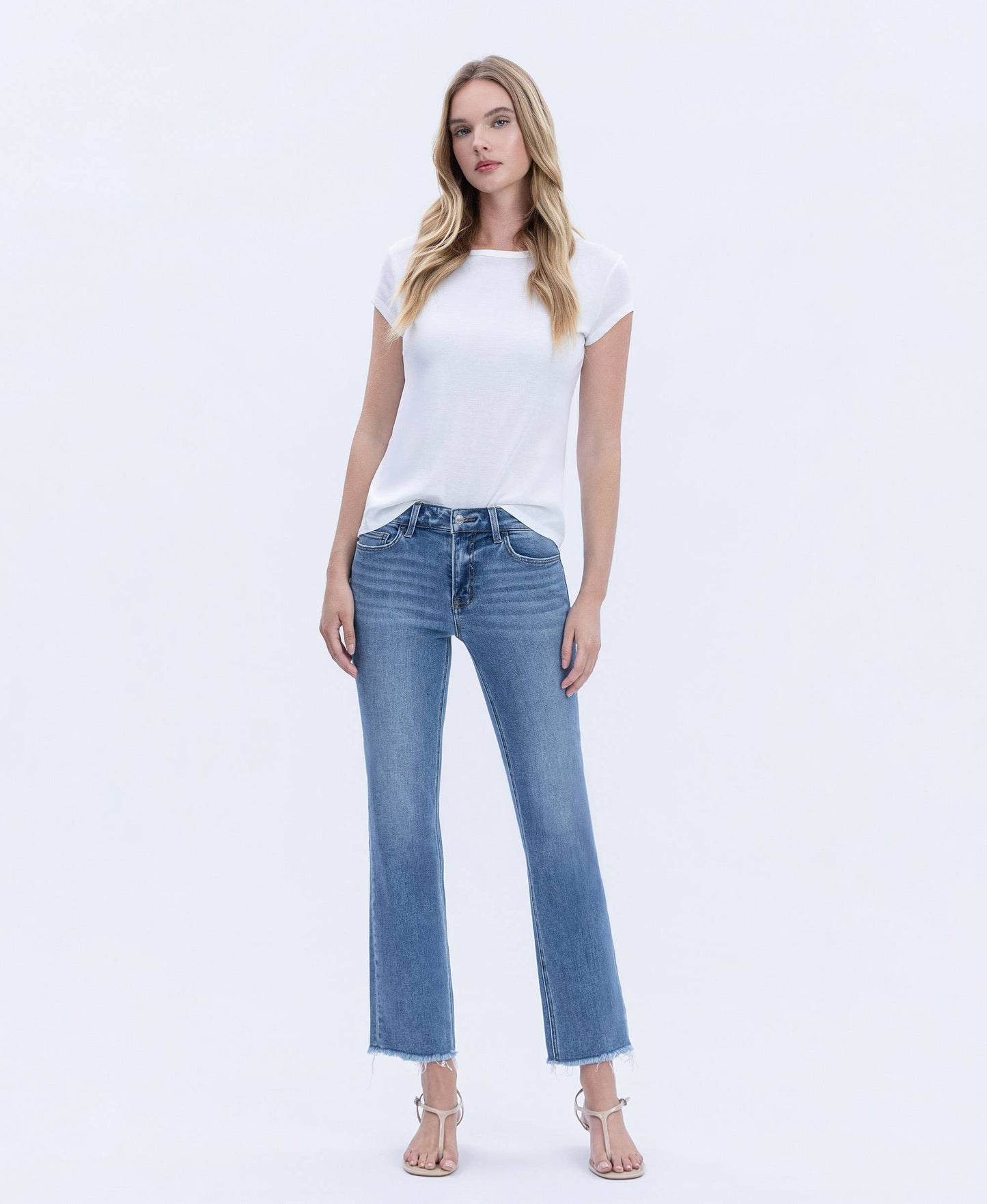 Mid Rise Raw Hem Crop Straight Jeans