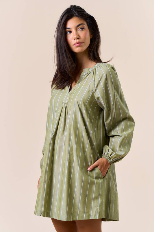 Striped V-Neck Long Sleeve Dress