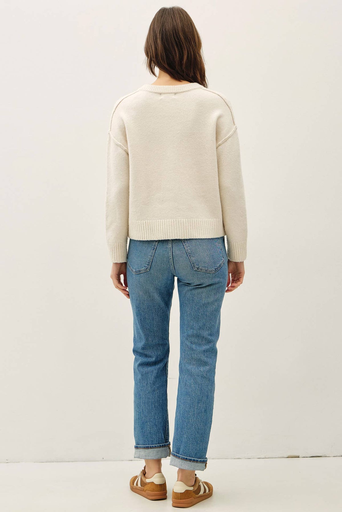 Exposed Seam Crew Neck Button Front Cardigan