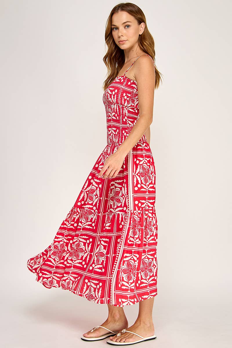 Tropical Smocked Bodice Midi Dress