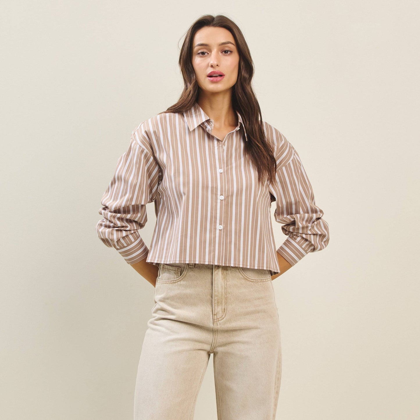 Striped Button Down Crop Length Shirt