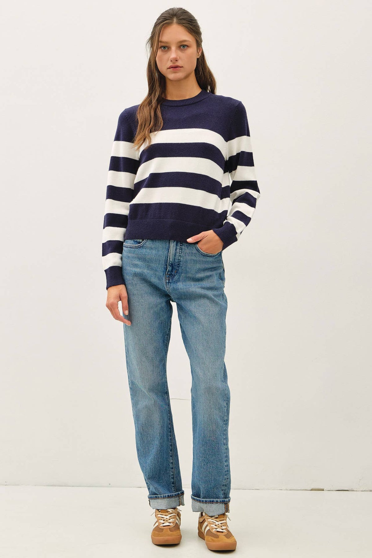 Cropped Long Sleeve Bold Stripe Sweater