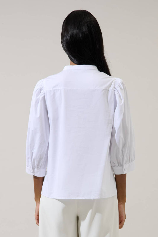 Crew Neck Button Up Puff Sleeve Shirt