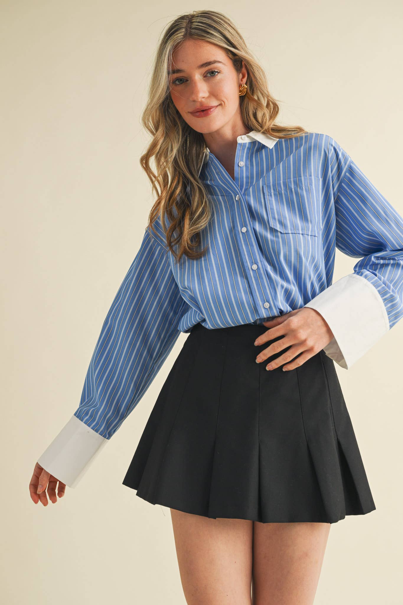 Striped Wide Cuff Button Down Shirt