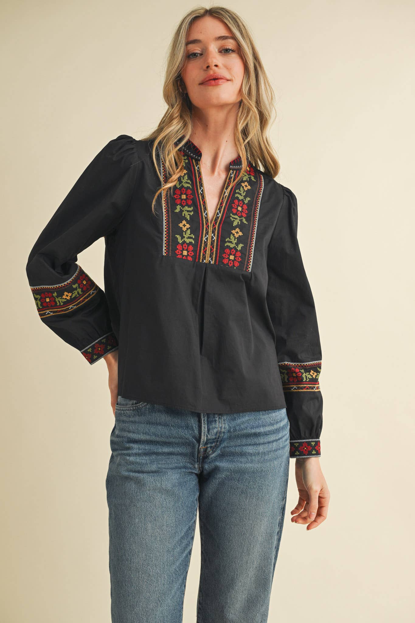 Rental- Cross Stitch Embroidered Puff Sleeve Top