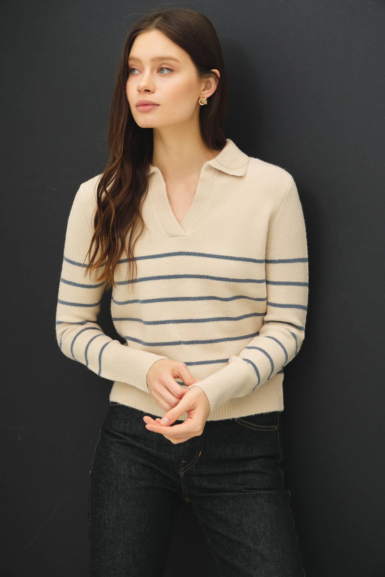 Striped Collared V-Neck Sweater