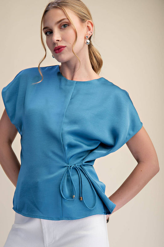 Silky Short Sleeve Front Lace-Up Tie Top