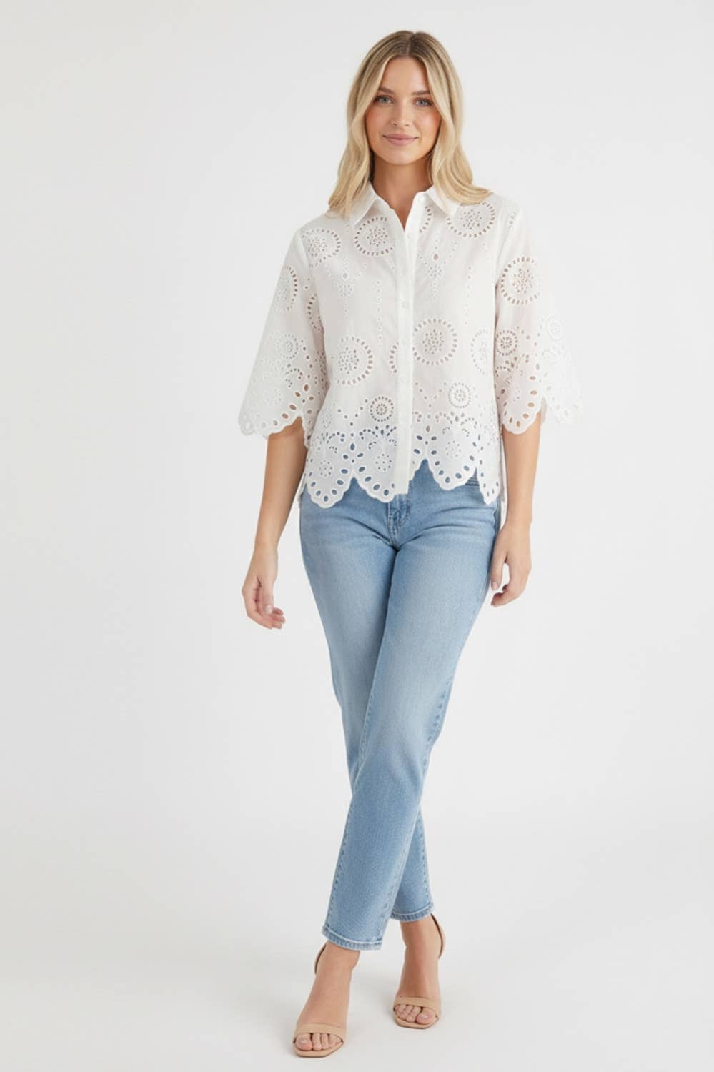 Eyelet Scalloped Hem Short Sleeve Top