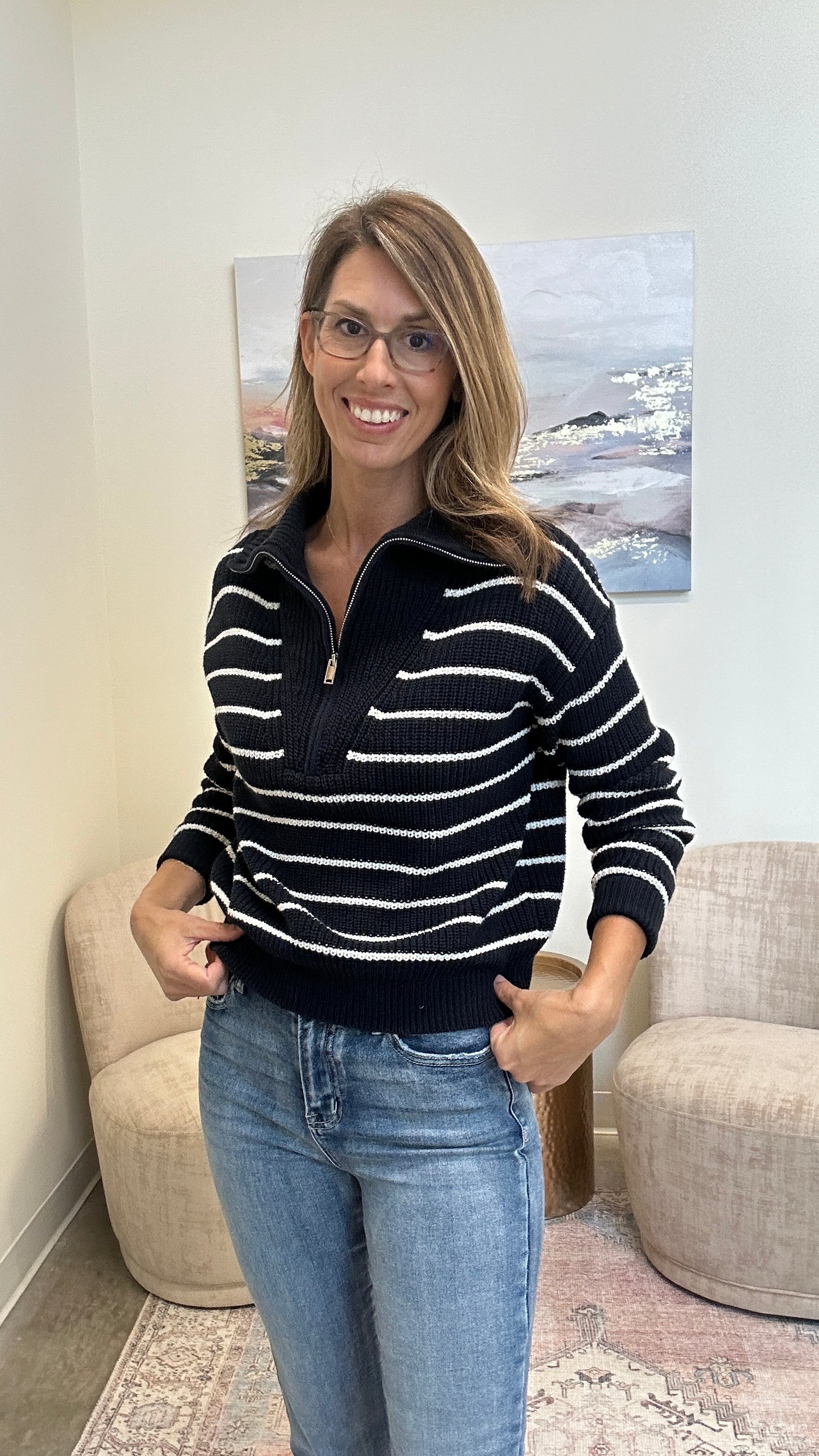 Spread Collar Half Zip Striped Sweater