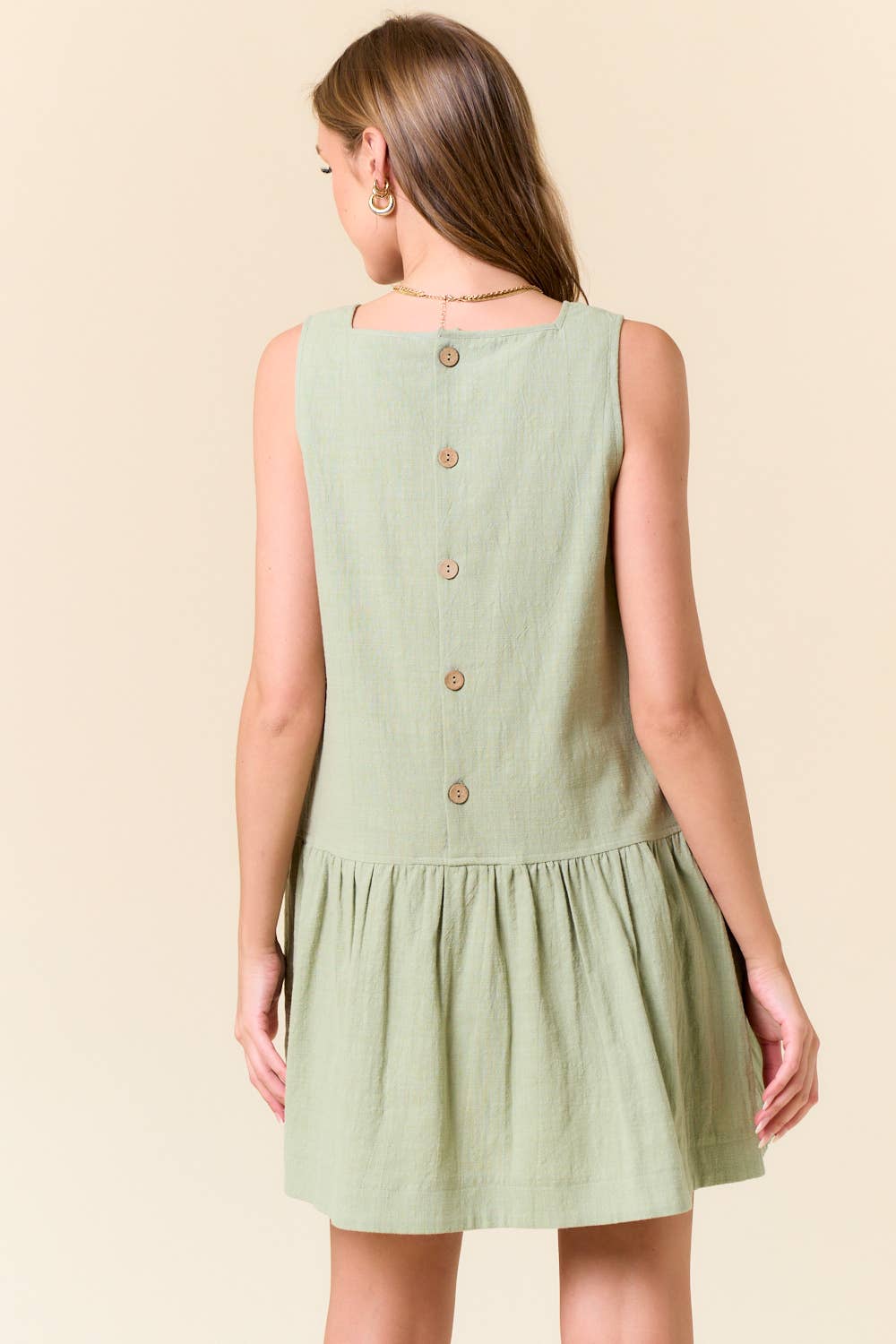 Square Neck Button Back Drop Waist Mini Dress