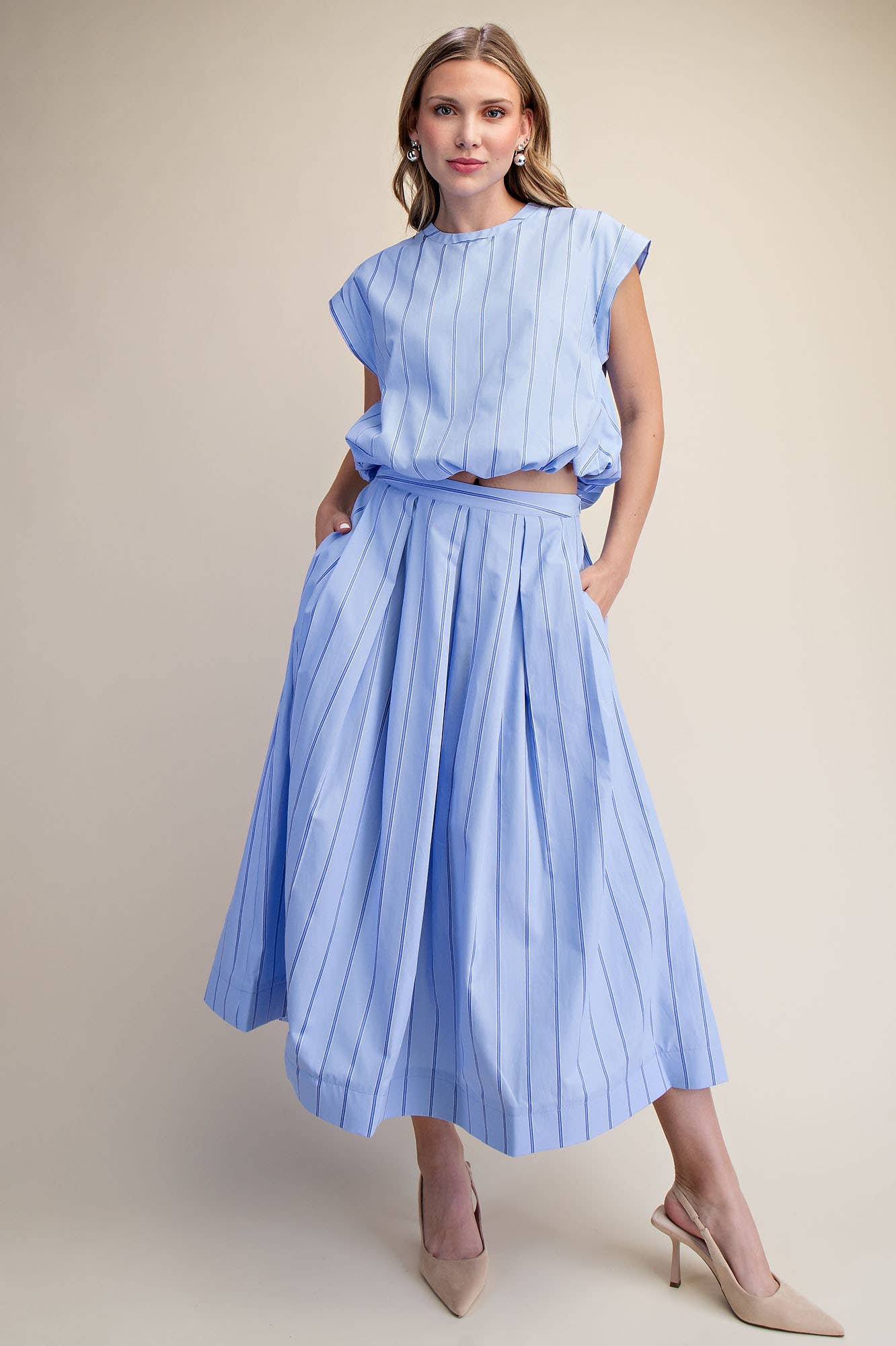 Pleated Flare Stripe Midi Skirt