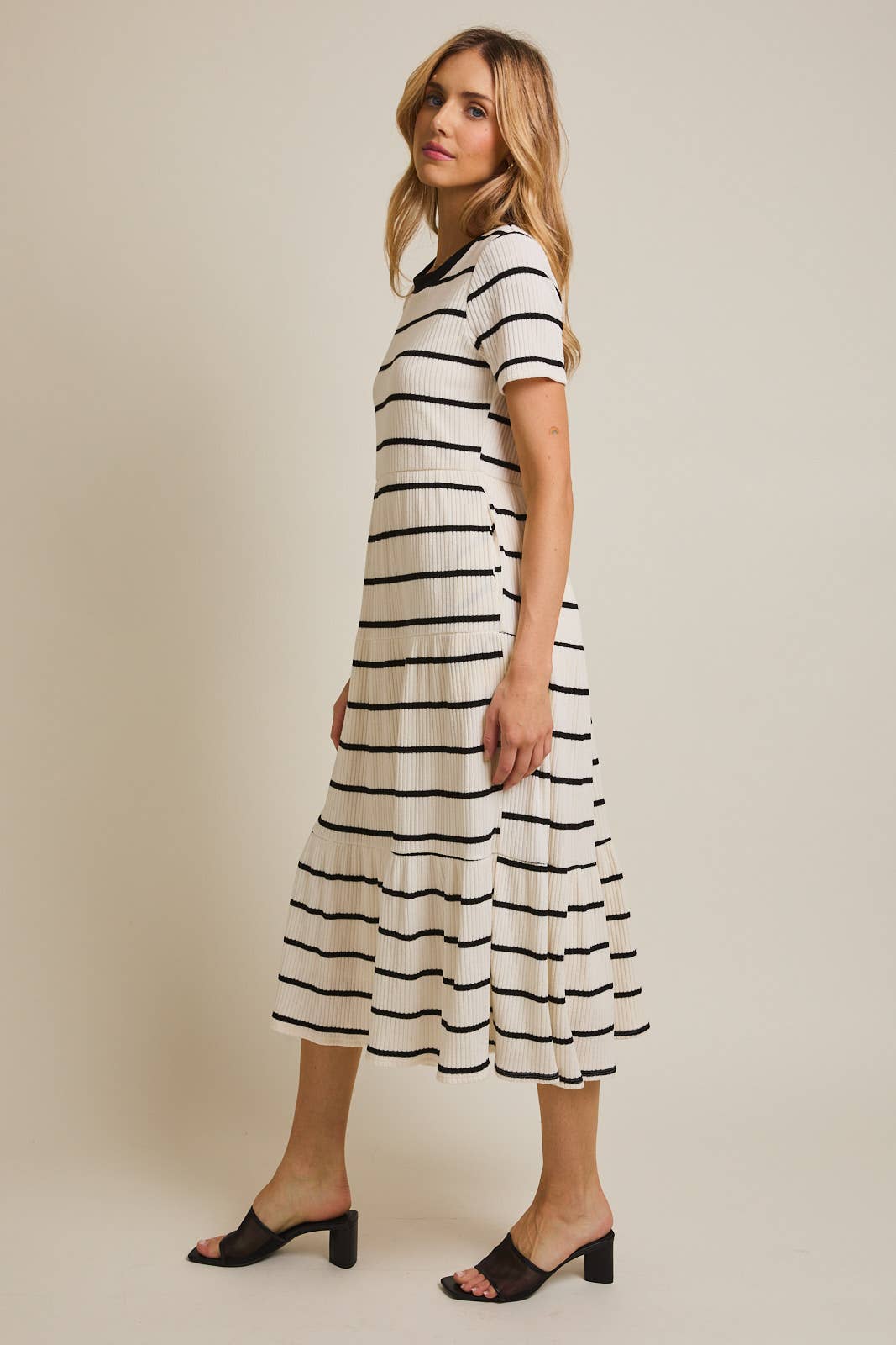 Striped Tiered Short Sleeve Midi Dress