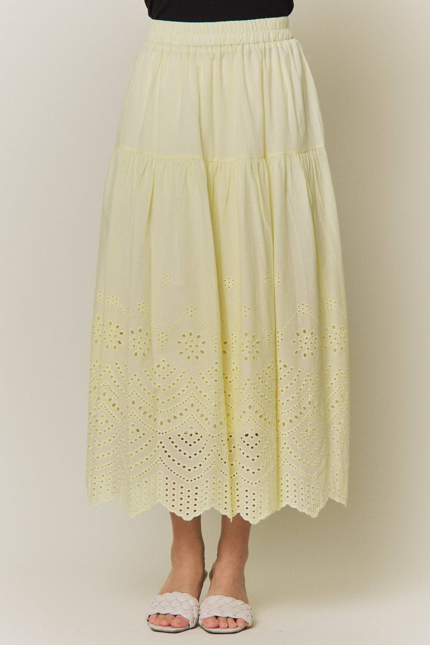 Tiered Eyelet Scalloped Midi Skirt