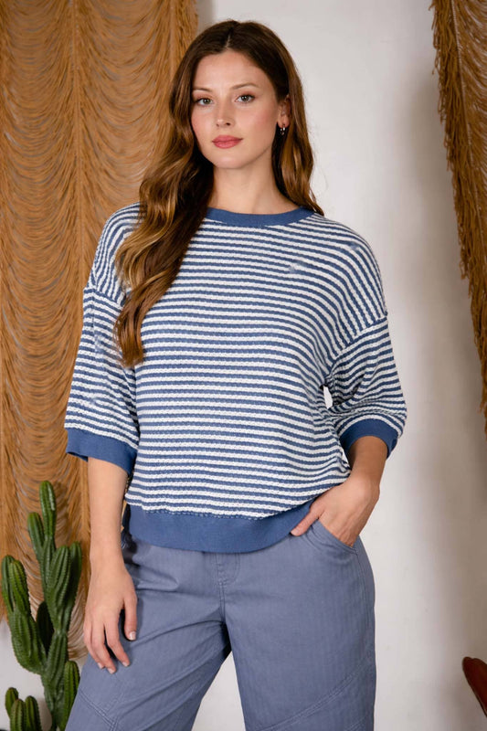 Textured Striped 3/4 Sleeve Knit Top