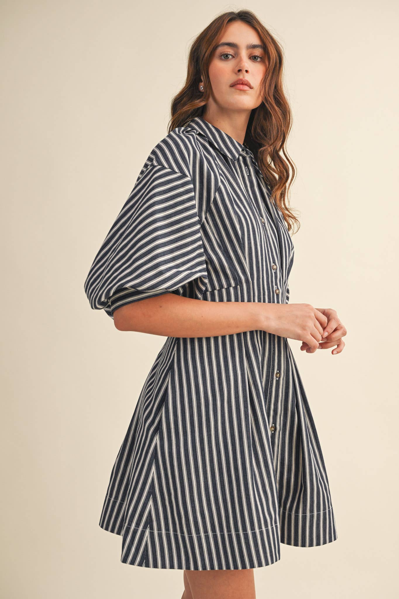 Rental- Striped Denim Bubble Sleeve Mini Dress
