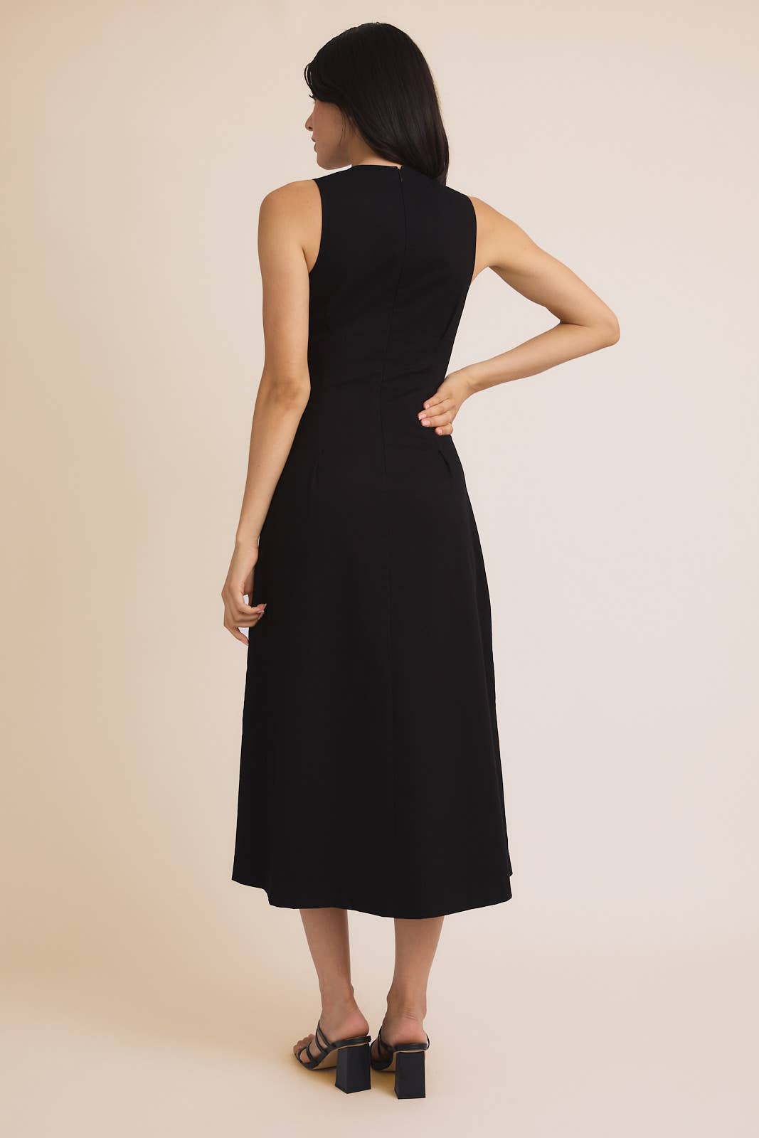 Sleeveless Pleated Twill Midi Dress