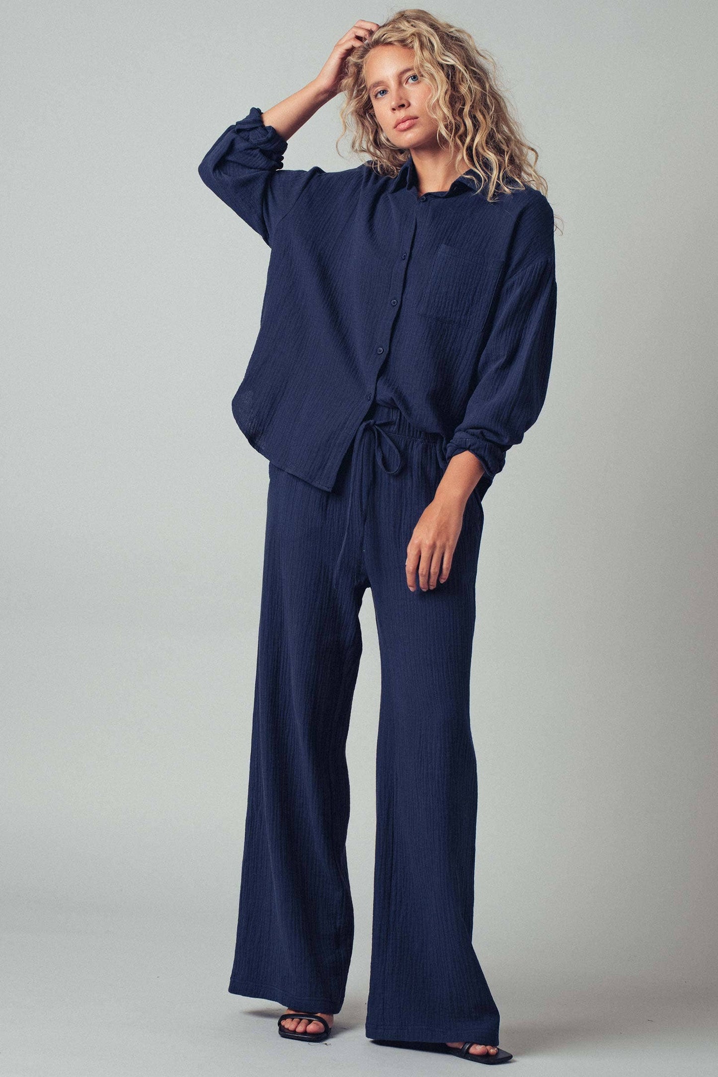 Textured Cotton Gauze Drawstring Pants