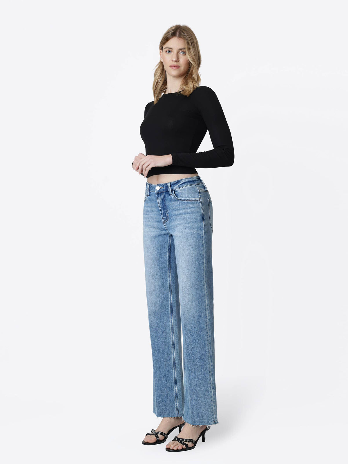 High Rise Raw Hem Slim Wide Jeans