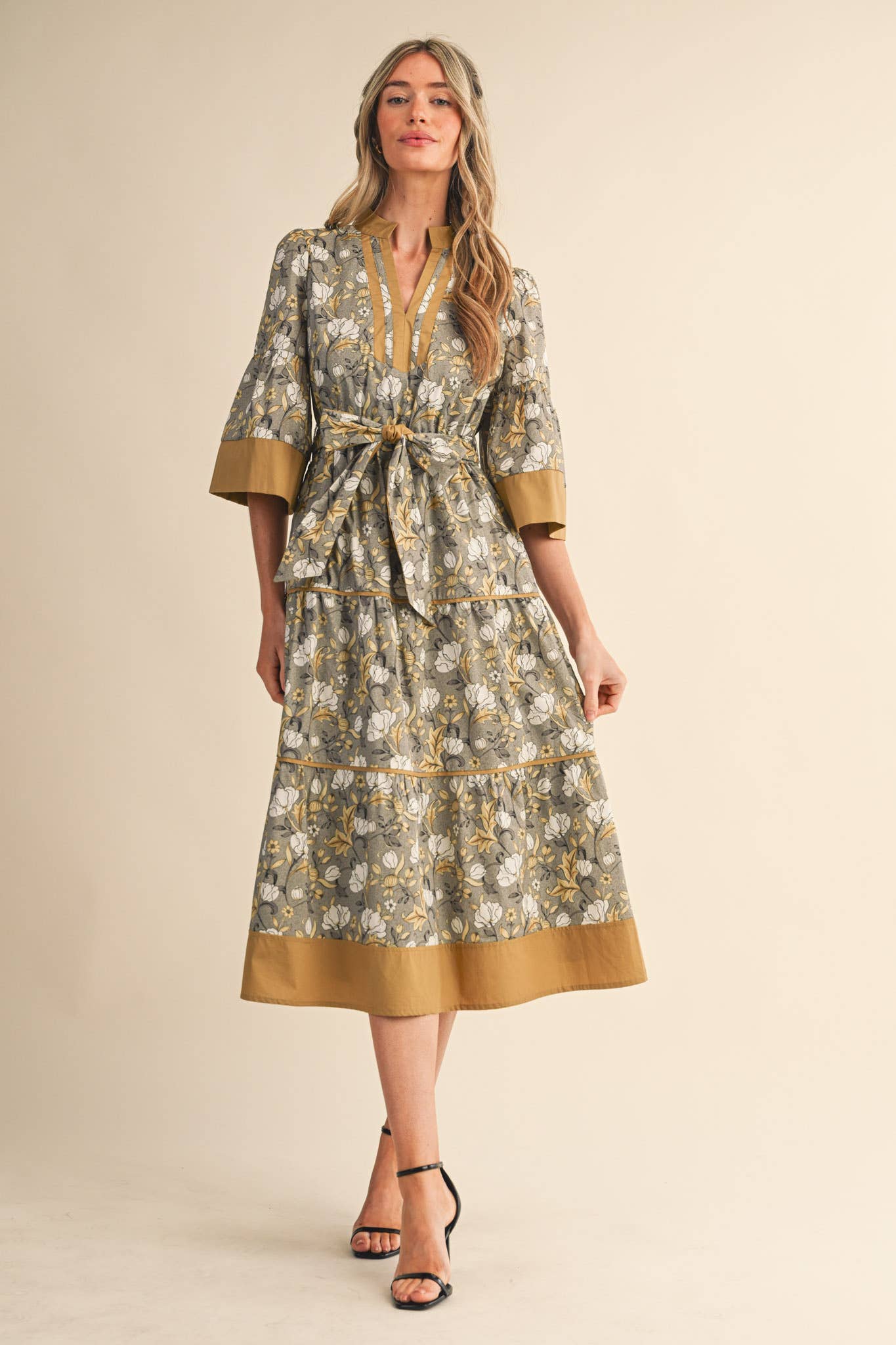 Rental- Floral Belted Contrast Trim Midi Dress