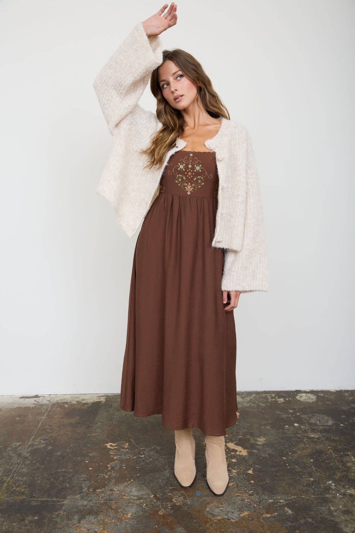 Embroidered Bell Sleeve Midi Dress