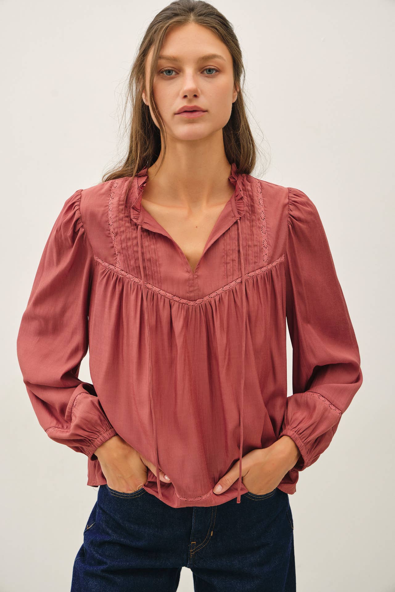 Ruffled V-Neck Silky Peasant Top