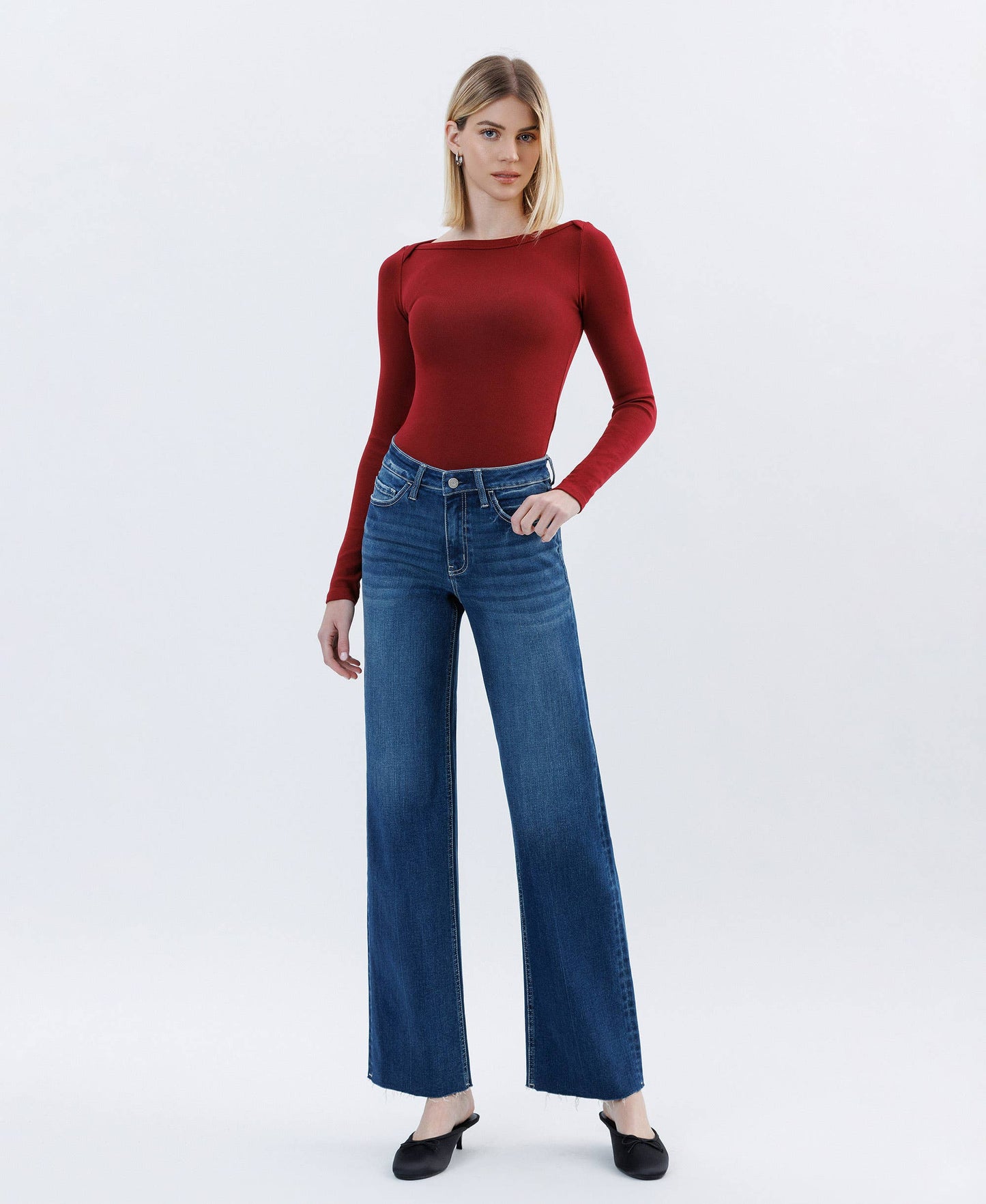 High Rise Raw Hem Slim Wide Jeans