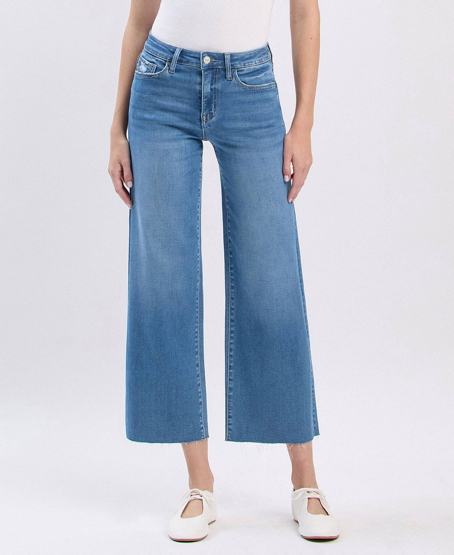High Rise Raw Hem Cropped Wide Jeans
