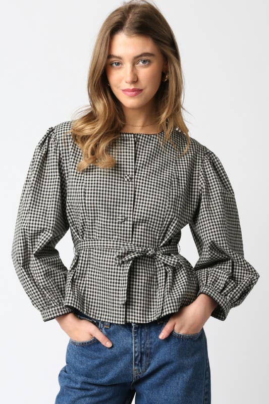 Checkered Button Front Tie Waist Top